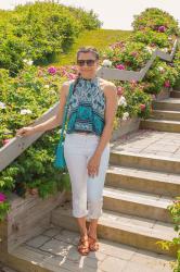 {outfit} Blue and White Grecian Crop Top with White Jeans