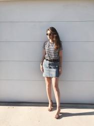 striped t shirt and denim skirt