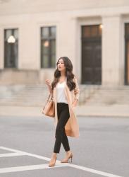 Camel duster sweater + leopard pumps