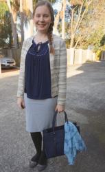 Textured Jackets, Grey Pencil Skirts and Rebecca Minkoff MAB Tote