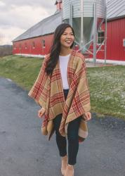 Red & Camel Plaid Poncho in Stowe, VT