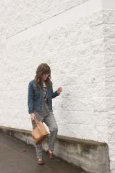 Plaid Pants, Rock tee and denim jacket