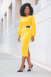 Mustard Midi Dress w/Navy Contrast Waist