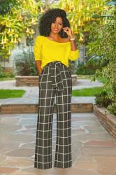 DIY Off Shoulder Neon Knit + Windowpane Belted Pants