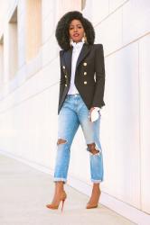 Double Breasted Blazer + Ruffled Button Down + Boyfriend Jeans