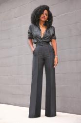 Faux Leather Button Down + High Waist Pants