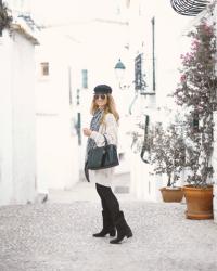 BAKER BOY HAT, MAXI CARDIGAN & BLACK BAG