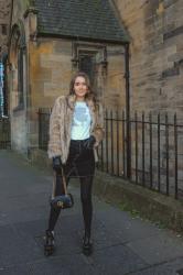 Winter Elegnt Outfit :: Neutrals : Faux Fur Jacket and Denim Skirt