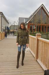 Nostalgia :: Military Green Coat, Ripped Jeans and Over the Knee Boots