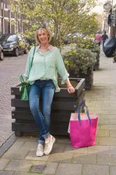 Green shirt with pink sequins