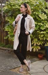 Black Jumpsuit, sequins and a Cream Trench • Spring Outfit