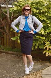 Blue Blouse, Navy Pencil skirt & Grey Denim • Spring Outfit