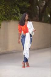 Color Block Draped Top + Ripped Jeans