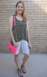 Olive Tops With Neon Pink Mini MAC Bag And Shorts