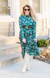 Green Satin Prairie Dress + Snakeskin Boots.