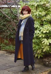 Yellow Satin Skirt, Green Jumper, Navy Coat * Winter OUTFIT over 40