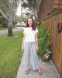 Yarn Dyed Blue, Ivory and Black Striped Pants