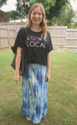 Blue Printed Maxi Skirts, Text Tees And Rebecca Minkoff Tote