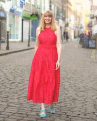Red Jacquard Tiered Dress, Awesome Eyewear and Fabulous Shoes