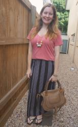 Printed Skirts, V-Neck Tees and Chloe Marcie Shoulder Bag