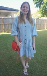 Blue Tiered Dresses and Red Bags | Weekday Wear Link Up