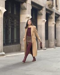 Camel coat and burgundy Chanel flap