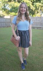Blue Shorts and Tee Outfits With Pink MAB Crossbody Bag