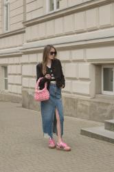 Pink bag, Adidas Gazelle Bold Pink&Midi jeans skirt 