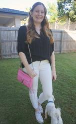 Black and White Jeans Outfit For The Office With Pink Crossbody Bag