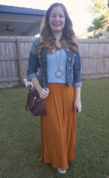 Orange and Blue Maxi Skirt and Denim Jacket Outfits