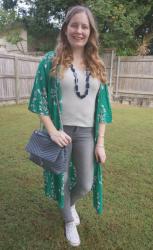 Green Floral Duster, Jeans and Metallic Tops