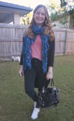 Pink and Black Outfits With Printed Scarves and Rebecca Minkoff Cupid Bag