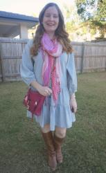 Tiered Denim Dresses With Pink Scarves And Bags