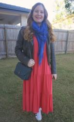 Coral Dresses, Blue Scarves and Leather Jackets