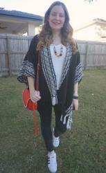 Black and White Jeans, Tee and Knit Outfits With Red Saddle Bag