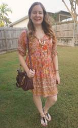 Thrifted Printed Dresses And Purple Paraty Bag