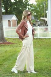 Walking Into the Fall with a Liquid Leather Jacket + Pleated Wide Leg Pocket Pants