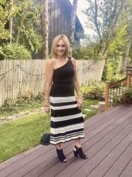 Effortless Black and White Style with this One Shoulder Top and Pointelle Midi Skirt