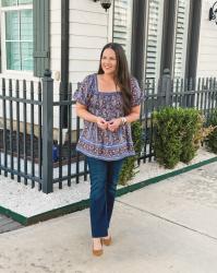 Warm Fall Outfit Idea | Blue Floral Blouse