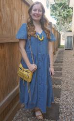 Denim Dresses With Yellow Mini 5 Zip Bag and Yellow Necklaces