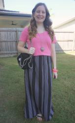 Pink Tees and Black And White Maxi Skirts With Stella McCartney Falabella Bag