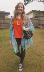 Coral Tees, Black Jeans, Converse, Printed Cover Ups and Falabella Bag