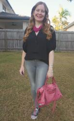 Black Blouses, Jeans, and Pink Bags