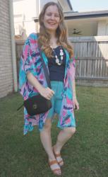 Kmart Linen Shorts, Navy Tees and Printed Cover Ups