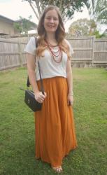 Orange Maxi Skirts, White Tees and Mimco Black Crossbody Bag