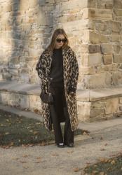 Wool sweater, palozzo pants, animal print coat 