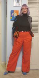 Sequined Cardigan, Orange Boss Pants and Blue Cocoon