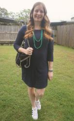 Navy Striped Dresses And Stella McCartney Falabella Bag