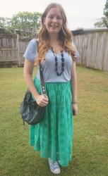 Green and Blue Tee and Midi Skirt Outfits With Mimco Teal Bag