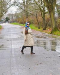 Barbour Quilted Trench Coat and Silk Scarf Outfit